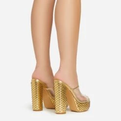 EGO Disco-Girl Diamante Detail Clear Perspex Strap Peep Toe Platform Block Heel Mule In Gold Faux Leather -EGO shop 15 02 23 fw59034 sb2