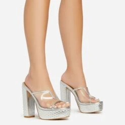 EGO Disco-Girl Diamante Detail Clear Perspex Strap Peep Toe Platform Block Heel Mule In Silver Faux Leather