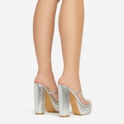EGO Disco-Girl Diamante Detail Clear Perspex Strap Peep Toe Platform Block Heel Mule In Silver Faux Leather -EGO shop 15 02 23 fw59038 sb2