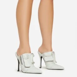 EGO Americana Zip Detail Pointed Toe Stiletto Heel Mule In Light Blue Denim