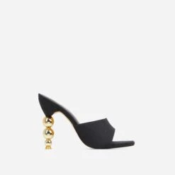 EGO Orbital Square Peep Toe Statement Metallic Heel Mule In Black Linen -EGO shop 15 02 23 fw60545 sq