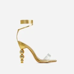 EGO Rose-Rouge Lace Up Clear Perspex Strap Square Toe Statement Metallic Heel In Gold Faux Leather -EGO shop 15 02 23 fw60581 sq