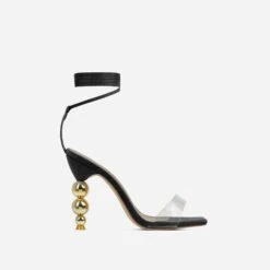 EGO Rose-Rouge Lace Up Clear Perspex Strap Square Toe Statement Metallic Heel In Black Linen -EGO shop 15 02 23 fw60583 2 sq
