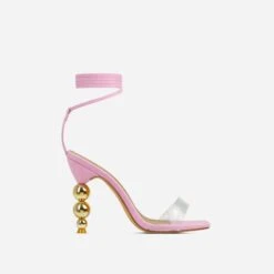EGO Rose-Rouge Lace Up Clear Perspex Strap Square Toe Statement Metallic Heel In Pink Linen -EGO shop 15 02 23 fw60583 sq