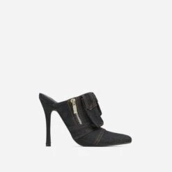 EGO Americana Zip Detail Pointed Toe Stiletto Heel Mule In Black Denim -EGO shop 15 02 23 fw60584 sq