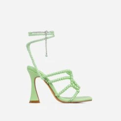 EGO Truth-Or-Dare Beaded Strap Detail Square Toe Flared Block Heel In Green Faux Leather -EGO shop 15 02 23 fw60590 1 sq