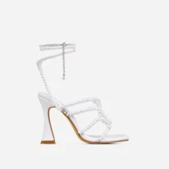 EGO Truth-Or-Dare Beaded Strap Detail Square Toe Flared Block Heel In White Faux Leather -EGO shop 15 02 23 fw60590 2 sq