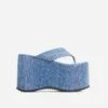 EGO Burning Thong Strap Extreme Platform Wedge Heel Mule In Blue Denim