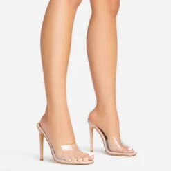 EGO Cyan Square Peep Toe Clear Perspex Heel Mule In Nude Patent
