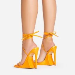 EGO Superlit Lace Up Square Toe Sculptured Platform Stiletto Heel In Orange Faux Leather -EGO shop 15 02 23 fw63546 sb