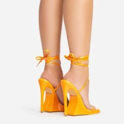EGO Superlit Lace Up Square Toe Sculptured Platform Stiletto Heel In Orange Faux Leather -EGO shop 15 02 23 fw63547 sb2