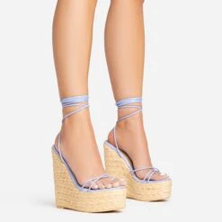 EGO Escape-Away Lace Up Woven Platform Wedge Heel In Lilac Faux Leather