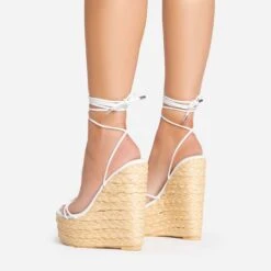 EGO Escape-Away Lace Up Woven Platform Wedge Heel In White Faux Leather -EGO shop 15 02 23 fw63612 sb