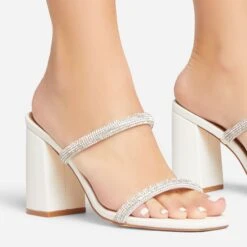 EGO Garland Double Diamante Strap Square Toe Block Heel Mule In White Faux Leather -EGO shop 15 02 23 fw64212 sq