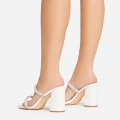 EGO Garland Double Diamante Strap Square Toe Block Heel Mule In White Faux Leather -EGO shop 15 02 23 fw64213 sb