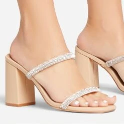 EGO Garland Double Diamante Strap Square Toe Block Heel Mule In Nude Faux Leather -EGO shop 15 02 23 fw64220 sq