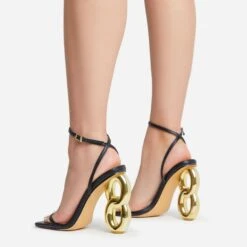 EGO Farah Ankle Strap Square Toe Gold Chain Heel In Black Faux Leather -EGO shop 15 06 22 fw12734