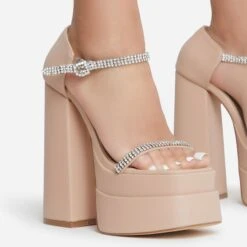 EGO Peggie Diamante Strap Open Square Toe Extreme Platform Block Heel In Nude Faux Leather -EGO shop 15 06 22 fw12997