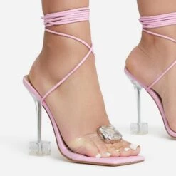 EGO Shine-Bright Lace Up Gem Detail Square Toe Clear Perspex Statement Heel In Pink Faux Leather -EGO shop 15 06 22 fw13042