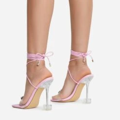 EGO Shine-Bright Lace Up Gem Detail Square Toe Clear Perspex Statement Heel In Pink Faux Leather -EGO shop 15 06 22 fw13043