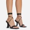 EGO Move-On Lace Up Square Toe Curved Chain Link Heel In Black Faux Leather