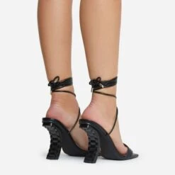 EGO Move-On Lace Up Square Toe Curved Chain Link Heel In Black Faux Leather -EGO shop 16 08 22 fw12630
