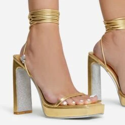 EGO In-The-Game Lace Up Diamante Butterfly Detail Silver Glitter Sole Square Toe Platform Thin Block Heel In Gold Faux Leather -EGO shop 16 08 22 fw12642