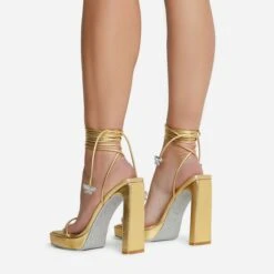 EGO In-The-Game Lace Up Diamante Butterfly Detail Silver Glitter Sole Square Toe Platform Thin Block Heel In Gold Faux Leather -EGO shop 16 08 22 fw12643