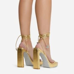 EGO In-The-Game Lace Up Diamante Butterfly Detail Silver Glitter Sole Square Toe Platform Thin Block Heel In Gold Faux Leather -EGO shop 16 08 22 fw12644