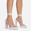EGO In-The-Game Lace Up Diamante Butterfly Detail Pink Sole Square Toe Platform Thin Block Heel In Cream Nude Faux Leather -EGO shop 16 08 22 fw12645