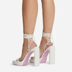 EGO In-The-Game Lace Up Diamante Butterfly Detail Pink Sole Square Toe Platform Thin Block Heel In Cream Nude Faux Leather -EGO shop 16 08 22 fw12647