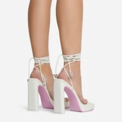 EGO In-The-Game Lace Up Diamante Butterfly Detail Pink Sole Square Toe Platform Thin Block Heel In Cream Nude Faux Leather -EGO shop 16 08 22 fw12648