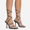 EGO Charmed Lace Up Clear Gem Detail Square Toe Stiletto Heel In Black Faux Leather