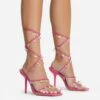 EGO Charmed Lace Up Clear Gem Detail Square Toe Stiletto Heel In Pink Faux Leather
