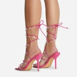 EGO Charmed Lace Up Clear Gem Detail Square Toe Stiletto Heel In Pink Faux Leather -EGO shop 16 08 22 fw12717 copy