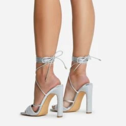 EGO Keep-Dancing Lace Up Diamante Detail Square Toe Thin Block Heel In Silver Faux Leather -EGO shop 16 08 22 fw12742 copy