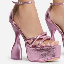 EGO Sweetner Strappy Open Toe Platform Twisted Statement Heel In Pink Metallic Croc Print Faux Leather -EGO shop 16 08 22 fw12804 copy