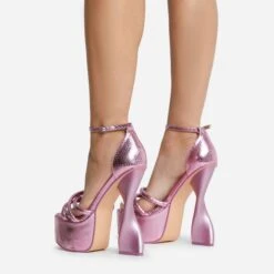 EGO Sweetner Strappy Open Toe Platform Twisted Statement Heel In Pink Metallic Croc Print Faux Leather -EGO shop 16 08 22 fw12805 copy
