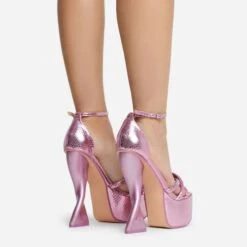 EGO Sweetner Strappy Open Toe Platform Twisted Statement Heel In Pink Metallic Croc Print Faux Leather -EGO shop 16 08 22 fw12806 copy