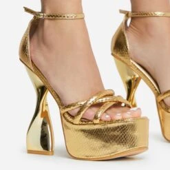 EGO Sweetner Strappy Open Toe Platform Twisted Statement Heel In Gold Metallic Croc Print Faux Leather -EGO shop 16 08 22 fw12808 copy