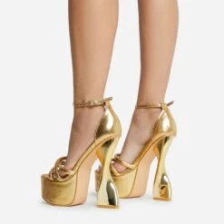 EGO Sweetner Strappy Open Toe Platform Twisted Statement Heel In Gold Metallic Croc Print Faux Leather -EGO shop 16 08 22 fw12809 copy