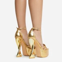 EGO Sweetner Strappy Open Toe Platform Twisted Statement Heel In Gold Metallic Croc Print Faux Leather -EGO shop 16 08 22 fw12810 copy