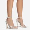 EGO Certified Silver Metallic Detail Square Toe Flared Block Heel In White Faux Leather