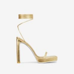 EGO In-The-Game Lace Up Diamante Butterfly Detail Silver Glitter Sole Square Toe Platform Thin Block Heel In Gold Faux Leather -EGO shop 16 08 22 fw12941