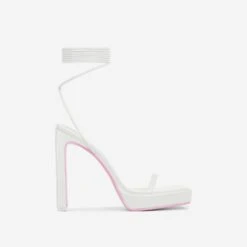 EGO In-The-Game Lace Up Diamante Butterfly Detail Pink Sole Square Toe Platform Thin Block Heel In Cream Nude Faux Leather -EGO shop 16 08 22 fw12942
