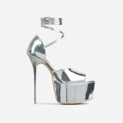 EGO Gabby Strappy Detail Peep Toe Extreme Platform Stiletto Heel In Silver Patent
