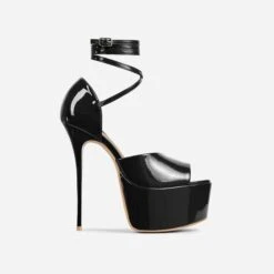 EGO Gabby Strappy Detail Peep Toe Extreme Platform Stiletto Heel In Black Patent