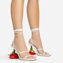 EGO Thorne Lace Up Double Strap Square Toe Rose Statement Heel In White Faux Leather