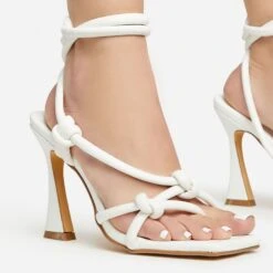 EGO Vera Lace Up Knotted Strap Detail Square Toe Flared Block Heel In White Faux Leather -EGO shop 20 01 23 fw acc50733 sq