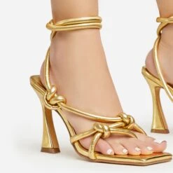 EGO Vera Lace Up Knotted Strap Detail Square Toe Flared Block Heel In Gold Faux Leather -EGO shop 20 01 23 fw acc50738 sq